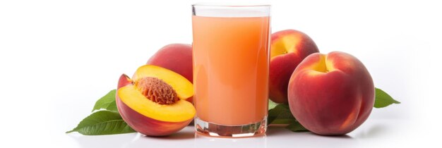 Ripe peaches and glass of juice on wooden background