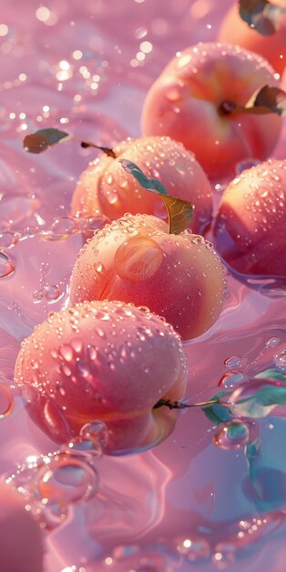 Ripe peaches on the water surface with drops of water