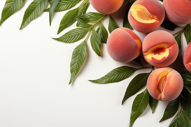 Ripe Peaches with Leaves on White Background