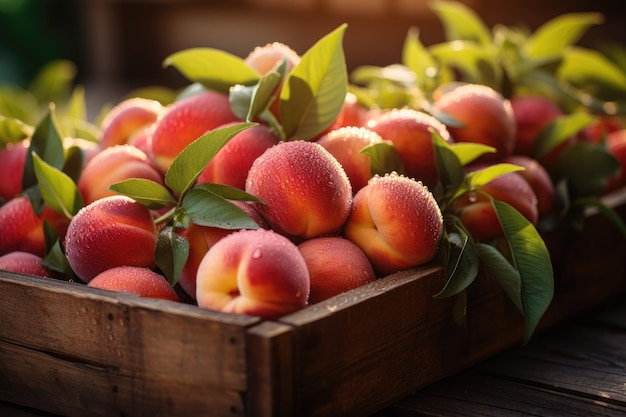 Ripe peaches in a wooden box