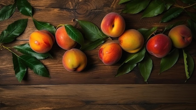 Ripe peaches on a wooden table Fresh fruits on a wooden background Generative Ai