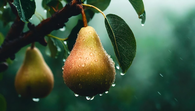 Ripe pear fruit in orchard on a rainy day