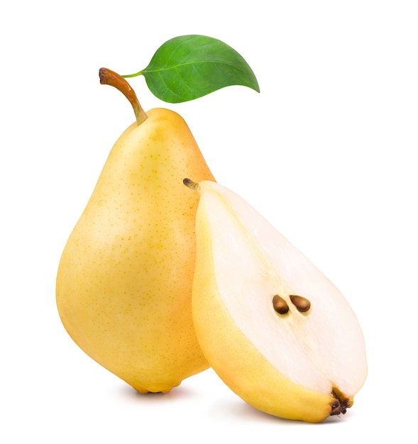 Ripe pear and half of pear with leaf isolated