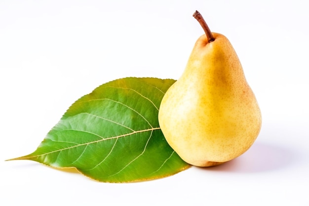 Ripe pear with a leaf isolate on a white background Macro studio shot AI generated