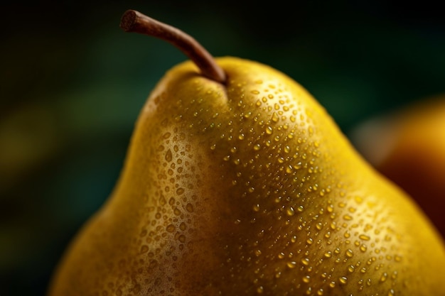 A ripe pear with smooth yellow skin and subtle specks photo on a green background