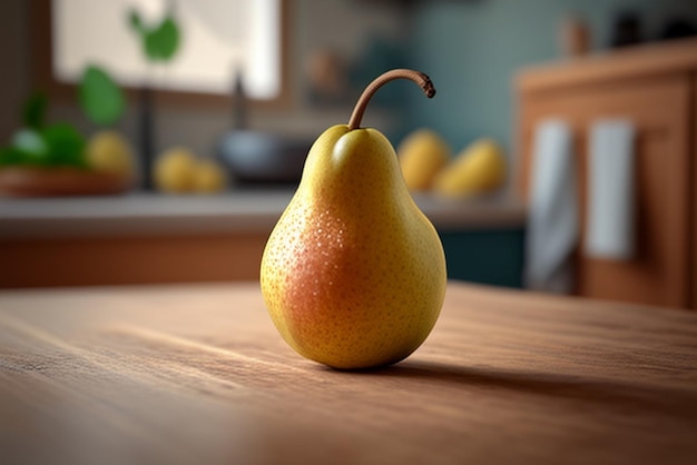 Ripe pear on a wooden table Pear closeup Yellow pear with leaves Ripe fruit closeup