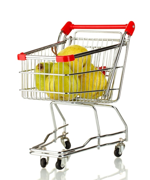 Ripe pears in metal trolley isolated on white