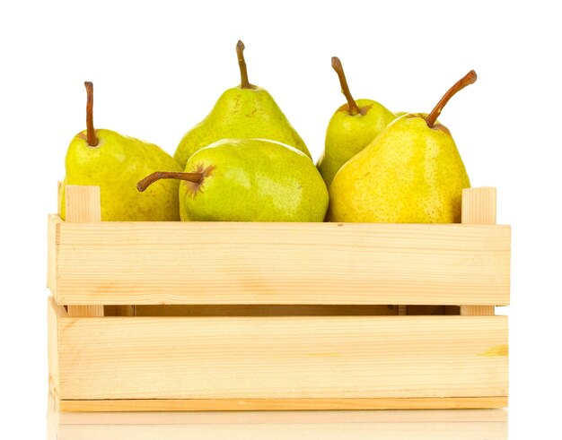 Ripe pears in wooden box isolated on white