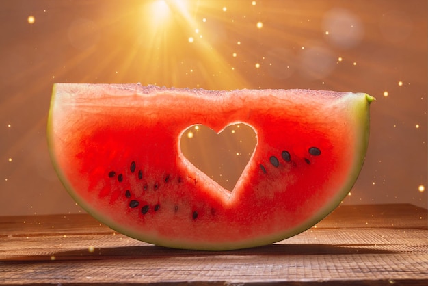 Ripe piece of watermelon with heart shape hole in female hands on the background of the blue sky with little cloud on a hot summer day