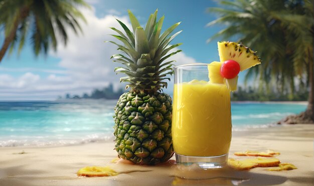 Зрелый ананасовый фрукт и стакан охлаждающегося ананасового сока на берегу моря