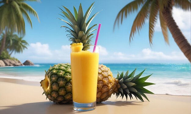 A ripe Pineapple fruit and a glass of cooling pineapple juice on the seaside