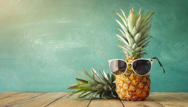 Фото Зрелый ананас в стильных солнцезащитных очках на деревянном фоне стола концепция тропического летнего отдыха
