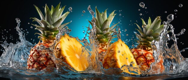 Photo ripe pineapple with dynamic water splashes