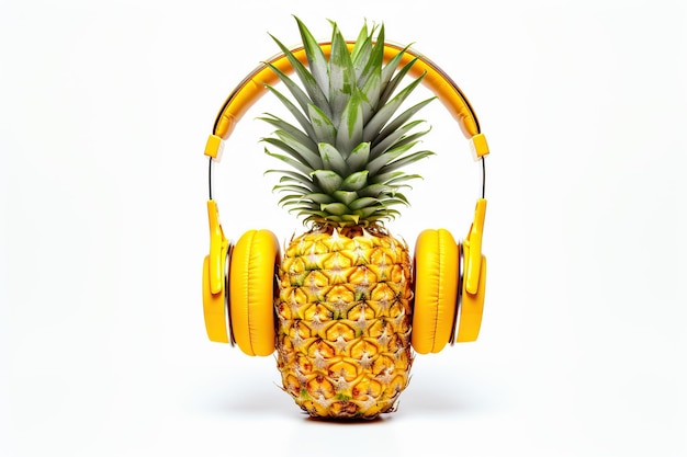 Photo ripe pineapple with headphones on white background