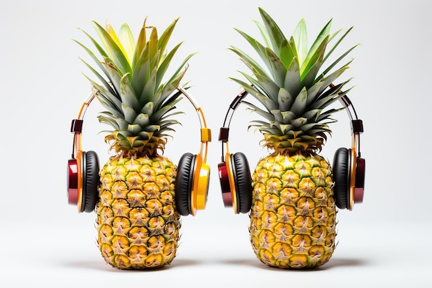 Ripe pineapples with headphones on white background