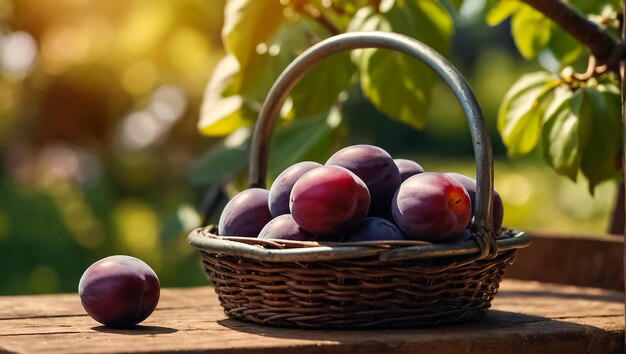 Foto prugna matura in un cesto sullo sfondo del giardino