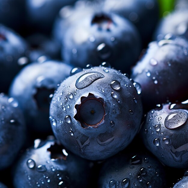 Ripe plump blueberries are deep purple in color