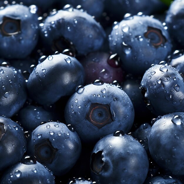 Ripe plump blueberries are deep purple in color