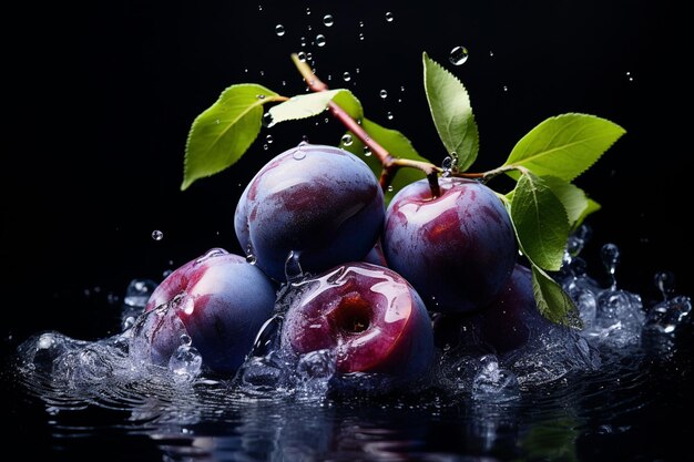 Ripe plums in splashes of water on a dark background Generative AI