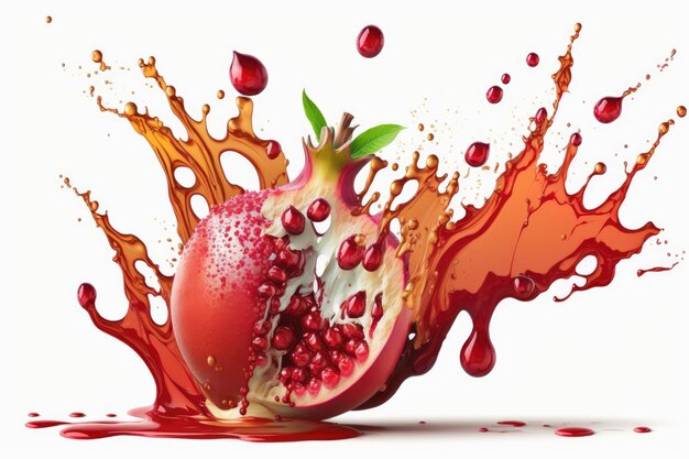 Ripe pomegranate bursting with seeds in midair against a white background Generative AI