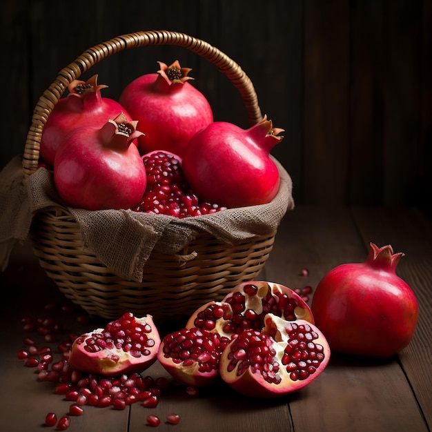 Photo ripe pomegranate fruit in a basket on wooden background