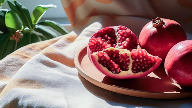 Ripe pomegranate fruit on a plate on the table