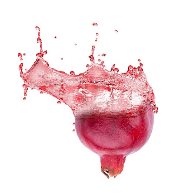 Ripe pomegranate fruit and pomegranate juice splashing isolated on white background