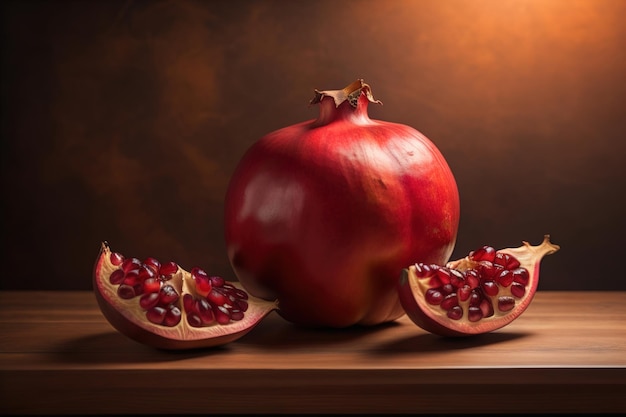 Ripe pomegranate fruit on a wooden background Still life ai generative