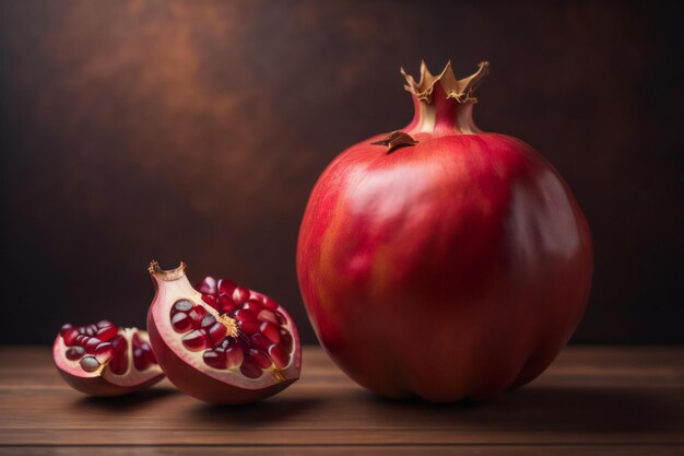 Photo ripe pomegranate fruit on a wooden background with copy space ai generated