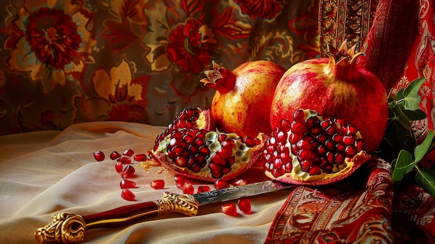 Photo ripe pomegranate fruits and broken fruits next to a traditional oriental dagger against the backdrop