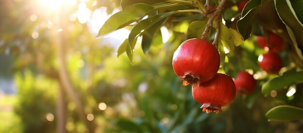 Ripe pomegranate fruits on the tree in the garden