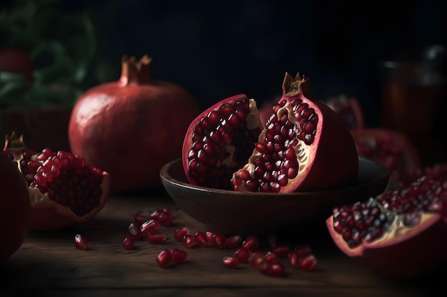 Ripe pomegranate with juicy seeds on old wooden table Neural network AI generated