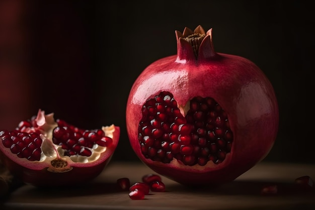 Ripe pomegranate with juicy seeds on old wooden table Neural network AI generated