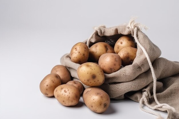 Photo ripe potato in sack on white backgound