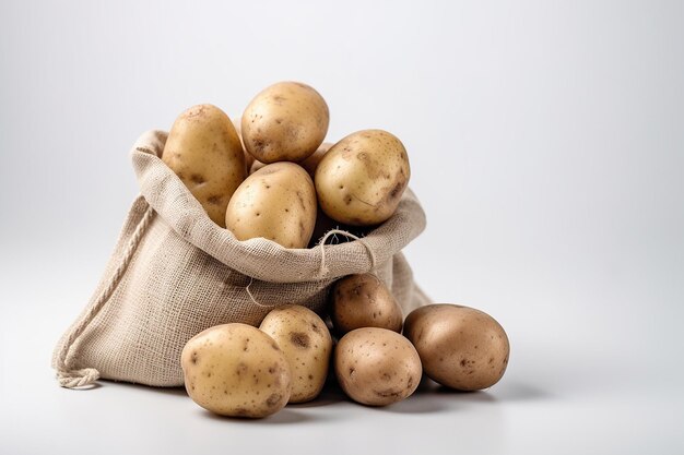 Photo ripe potato in sack on white backgound