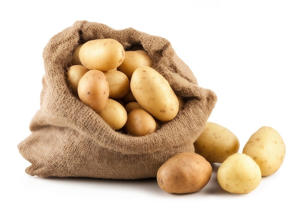 Ripe potatoes in burlap sack Ai Isolated on white background