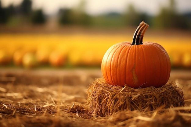 A ripe pumpkin brightly colored on a hay bale