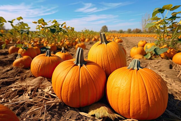 Photo ripe pumpkins in a patch in the autumn