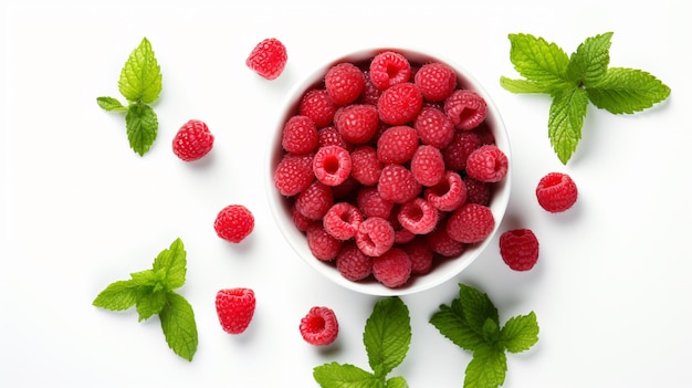 Ripe rasberries and mint isolated on white background