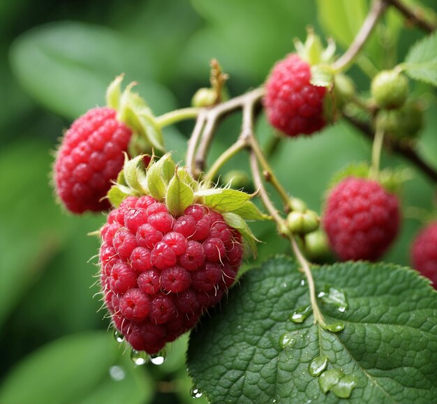 Ripe raspberries on a branch with green leaves in the rain