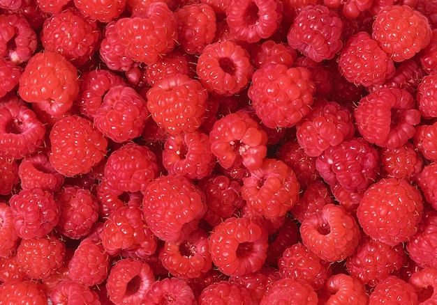 Ripe raspberries, colorful pattern of fresh red raspberries for background. Scarlet crimson field, flat lay. Raspberry juice ingredients.