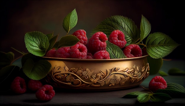 Ripe raspberries in a copper bowl on a dark wooden backgroundgenerative ai