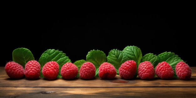 Фото Зрелые малины на темном фоне блестящие красные ягоды с зелеными листьями ai generative