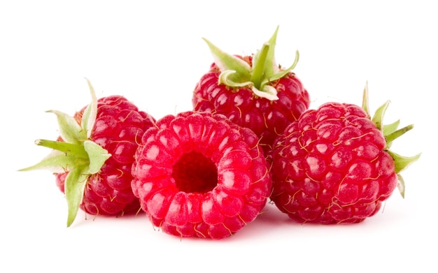 ripe raspberries isolated on white background close up