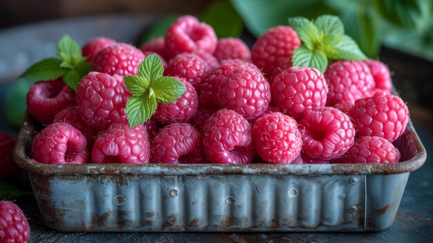 Ripe raspberries in a metal bowl on a dark background Selective focus Generative AI