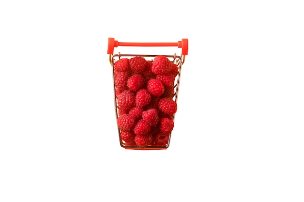 Ripe raspberries in shopping cart isolated on white background concept buying sweet berries flat lay