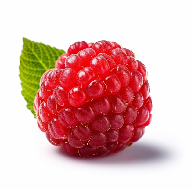 a ripe raspberry with a green leaf on it