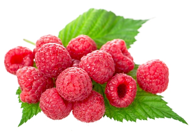 Ripe raspberry with green leaf on white background