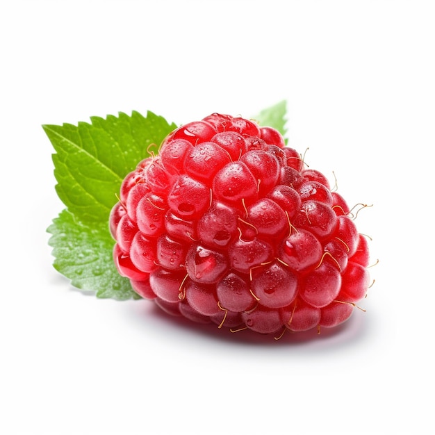 a ripe raspberry with green leaves on the top.