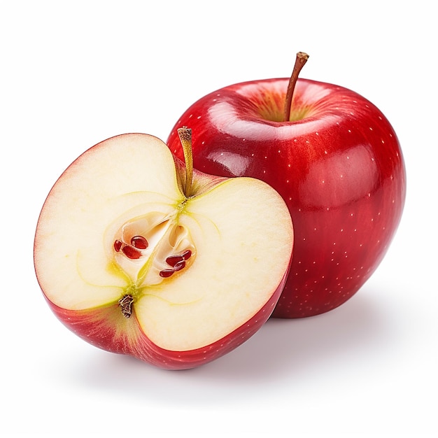 Ripe red apple fruit with apple half and green apple leaf isolated on white background